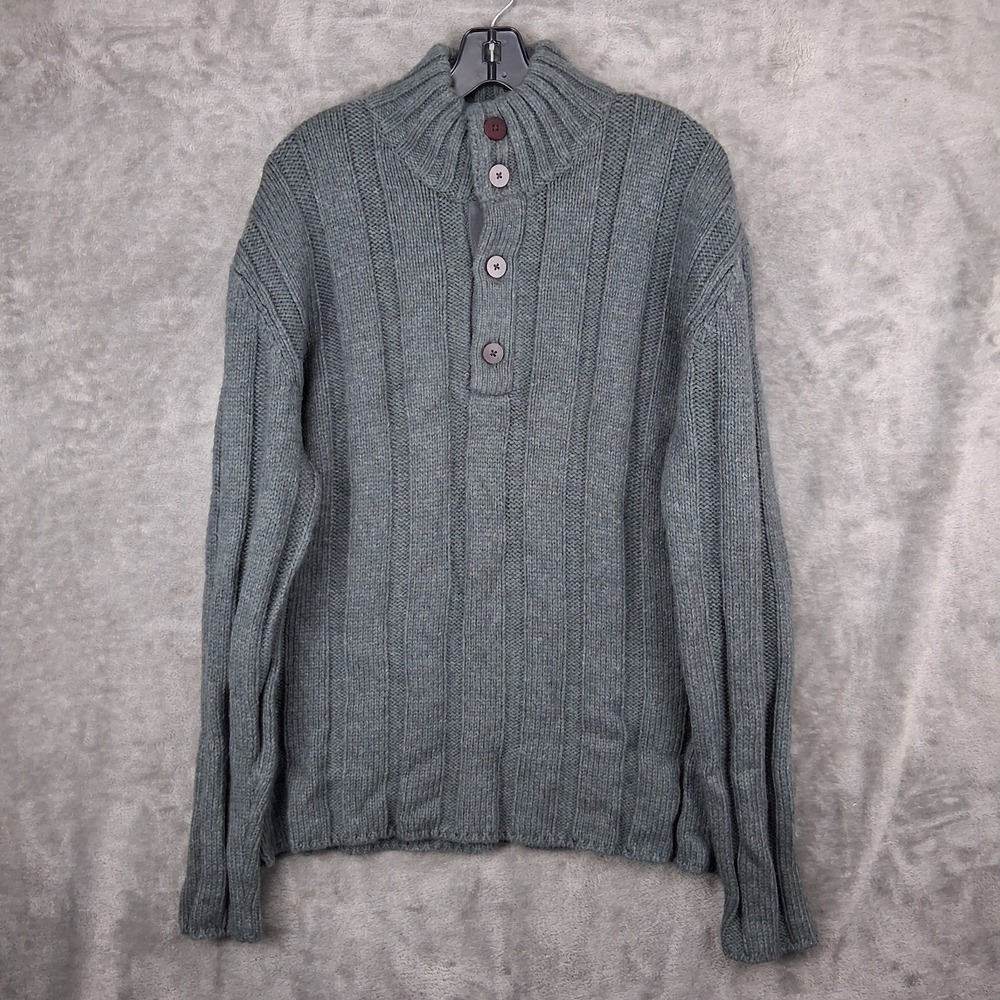 Royal Robbins Quarter Botton Knit Sweater Mens XL Gray Green Wool Blend Vintage